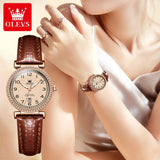 OLEVS 2025 New Fashion Womens Watches Top Brand Luxury Leather Strap Waterproof Calendar Diamond Quartz Watch Relogio Feminino