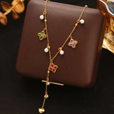 GANEMLY 316L Stainless Steel Flower Petals Colorful Zircon Long Pendant Necklace For Women New Handmade Neck Chain Jewelry Gift