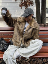 Faux Fox Fur Coats Women Short Jacket Solid Turn Down Collar Long Sleeves Open Stitch Thick Loose Office Lady Casual 2025 Winter