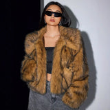 Faux Fox Fur Coats Women Short Jacket Solid Turn Down Collar Long Sleeves Open Stitch Thick Loose Office Lady Casual 2025 Winter