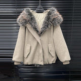 American Retro Long Wool Coat with Large Fur Collar for Women, Winter New Style, High-End Loose Thick Casual Hooded Cotton Coat