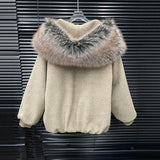 American Retro Long Wool Coat with Large Fur Collar for Women, Winter New Style, High-End Loose Thick Casual Hooded Cotton Coat
