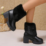 Fashion Winter Snow Boots Women's High Heel Short Boots with Thick Fleece Lining Warm Cotton Boots with Thick Chunky Heel Slip-Resistant Women's Boots