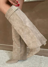 Boots with pointed toes large tube circumference straight tube metal buckle medium length tube thick heel women's boots