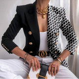 Fashion Style Pattern Style +Sleeve Length  Closure Type  Silhouette  Type of Clothing  Print  Long Sleeve  Double-Breasted  Fitted Short  Women's Blazer