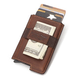 Estuche para tarjetas RFID antirrobo, funda automática de cuero para tarjetas de crédito, tarjetero retro, billetera multifunción de cuero para hombre 