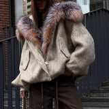 American Retro Long Wool Coat with Large Fur Collar for Women, Winter New Style, High-End Loose Thick Casual Hooded Cotton Coat
