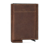 Estuche para tarjetas RFID antirrobo, funda automática de cuero para tarjetas de crédito, tarjetero retro, billetera multifunción de cuero para hombre 