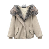 American Retro Long Wool Coat with Large Fur Collar for Women, Winter New Style, High-End Loose Thick Casual Hooded Cotton Coat