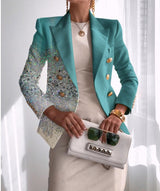Fashion Style Pattern Style +Sleeve Length  Closure Type  Silhouette  Type of Clothing  Print  Long Sleeve  Double-Breasted  Fitted Short  Women's Blazer