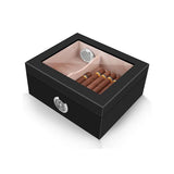 Modern Luxury Black Large Capacity Cedar Wooden Humidor Lacquer Finish Glass Top Moisture-Proof Portable Elegant Cigars Built-In