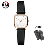 Hannah Martin Square Women Watch Fashion Rose Gold Leather Minimalist Style Girls Clock Quartz Movement Casual Waterproof Watch