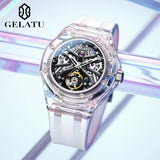 GELATU 8002 Automatic Men's Watches Transparent Case Hollow Mechancial Watches for Man Silicone Strap Waterproof Luminous Watch