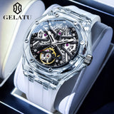 GELATU 8002 Automatic Men's Watches Transparent Case Hollow Mechancial Watches for Man Silicone Strap Waterproof Luminous Watch
