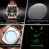 OLEVS 6675 Mens Watch Flywheel Multifunctional Chronograph Mechanical Watch Leather Strap Square Watches For Man High Quality