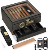 Cigar Humidor Cedar Wood Humidor Cigar Box Glass Top Desktop Humidor with Front Hygrometer Humidifier Divider Accessories Drawer
