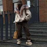 Manteau d'hiver oversize pour femme, large col en fausse fourrure, à capuche, coupe ample et droite, collection 2025, nouveaux manteaux chauds et tendance pour femme.