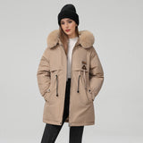 Hooded Coat Women Fur Collar Drawstring Jacket Tight Waist Casual Thick Zipper Warm Jacket Lady Parkas Tops Autumn Winter