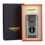LUBINSKI 2 Fire Torch Lighter Cigar V Cutter Punch Metal Butane Gas Cigar Lighters With Needles Dredge Cigar