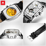 OLEVS 6675 Mens Watch Flywheel Multifunctional Chronograph Mechanical Watch Leather Strap Square Watches For Man High Quality