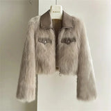Women's Short Lapel Imitation Fox fur grass Coat 2025 Autumn Winter New Korean version Fashion Thicken Zipper Fur Coat Top