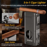 Cigar Lighter 4 Jet Flame Cigar Lighters with Cigar Cutter Cigar Accessories Cigar Draw Enhancer Windproof Refillable Butane