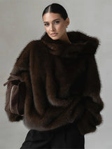 Manteau d'hiver marron à capuche en fausse fourrure pour femme, manches longues, chaud, épais et ample, pull en peluche, collection 2025, nouveauté mode femme