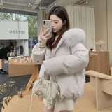 Women's Lovely Pink White Duck Down Coat Lady Fox Fur Collar Hooded Thick Warm Down Jacket Single Breasted Down Padded Outwear