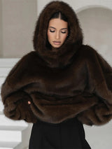 Manteau d'hiver marron à capuche en fausse fourrure pour femme, manches longues, chaud, épais et ample, pull en peluche, collection 2025, nouveauté mode femme