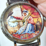 Mechanical watch in Arabic style Stainless steel watch case manual chain adjustment Large case 45mm Camel leather strap