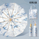 Double Layer UPF50+ Sun UV Protection Umbrella for Women, Flower Paint Windproof Sunproof Waterproof Folding Sunny Rainy Parasol