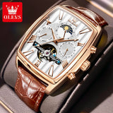 OLEVS 6675 Mens Watch Flywheel Multifunctional Chronograph Mechanical Watch Leather Strap Square Watches For Man High Quality