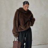Manteau d'hiver marron à capuche en fausse fourrure pour femme, manches longues, chaud, épais et ample, pull en peluche, collection 2025, nouveauté mode femme