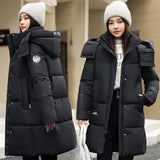 Winter Hooded Solid Women  Down Cotton Jacket 2025 New Warm Thicken Cotton Fashion Jacket Leisure Loose Women Long Coat