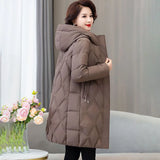 New Middle-aged Women's Long Down Cotton Jacket, Winter Thickened Warm Padded Cotton Coat, Korean Female Hooded Parker Overcoat
