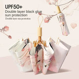 Double Layer UPF50+ Sun UV Protection Umbrella for Women, Flower Paint Windproof Sunproof Waterproof Folding Sunny Rainy Parasol