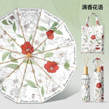 Double Layer UPF50+ Sun UV Protection Umbrella for Women, Flower Paint Windproof Sunproof Waterproof Folding Sunny Rainy Parasol