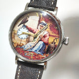 Mechanical watch in Arabic style Stainless steel watch case manual chain adjustment Large case 45mm Camel leather strap