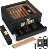 Cigar Humidor Cedar Wood Humidor Cigar Box Glass Top Desktop Humidor with Front Hygrometer Humidifier Divider Accessories Drawer
