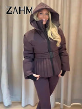 Hooded Skiing Coats Women Stand Collar Belts Pleated Zippers Full Sleeve Thicken Cotton Jacket 2025 Winter Lady Outwears New