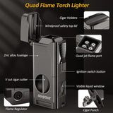 Cigar Lighter 4 Jet Flame Cigar Lighters with Cigar Cutter Cigar Accessories Cigar Draw Enhancer Windproof Refillable Butane