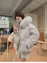 Women's Lovely Pink White Duck Down Coat Lady Fox Fur Collar Hooded Thick Warm Down Jacket Single Breasted Down Padded Outwear