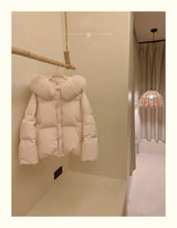 Women's Lovely Pink White Duck Down Coat Lady Fox Fur Collar Hooded Thick Warm Down Jacket Single Breasted Down Padded Outwear