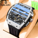 GELATU 6016 High-end Full Diamond Automatic Mechanical Watch for Men Multifunction Hollow Silicone Strap Men's Wristwatches