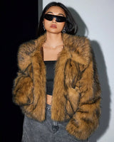 Faux Fox Fur Coats Women Short Jacket Solid Turn Down Collar Long Sleeves Open Stitch Thick Loose Office Lady Casual 2025 Winter