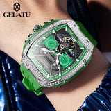 GELATU 6016 High-end Full Diamond Automatic Mechanical Watch for Men Multifunction Hollow Silicone Strap Men's Wristwatches