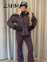 Hooded Skiing Coats Women Stand Collar Belts Pleated Zippers Full Sleeve Thicken Cotton Jacket 2025 Winter Lady Outwears New