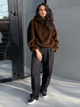 Manteau d'hiver marron à capuche en fausse fourrure pour femme, manches longues, chaud, épais et ample, pull en peluche, collection 2025, nouveauté mode femme