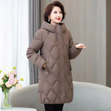 New Middle-aged Women's Long Down Cotton Jacket, Winter Thickened Warm Padded Cotton Coat, Korean Female Hooded Parker Overcoat