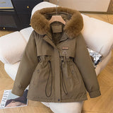 Hooded Coat Women Fur Collar Drawstring Jacket Tight Waist Casual Thick Zipper Warm Jacket Lady Parkas Tops Autumn Winter